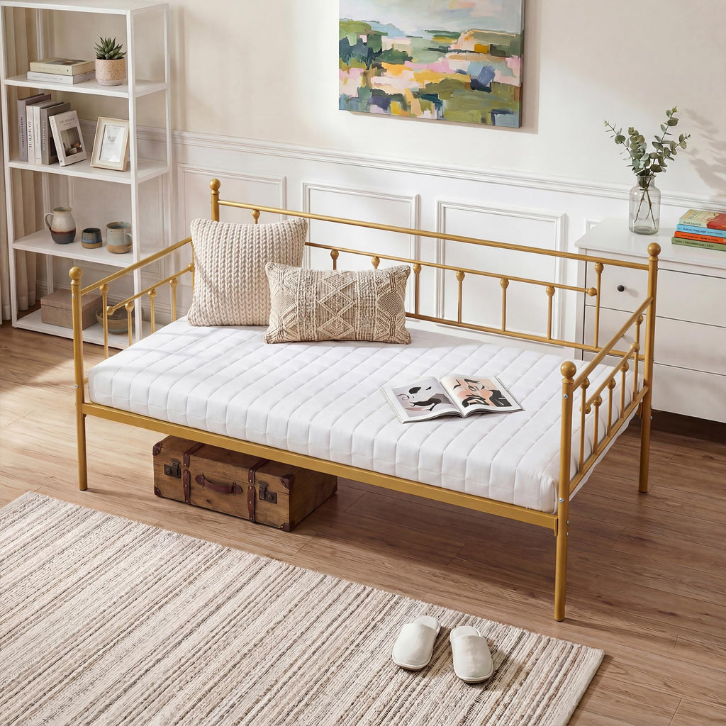 Twin Size Daybed Frame Metal Steel Slat Support with Headboard Sofa Bed Platform, Guest Room, Easy Assembly, Gold