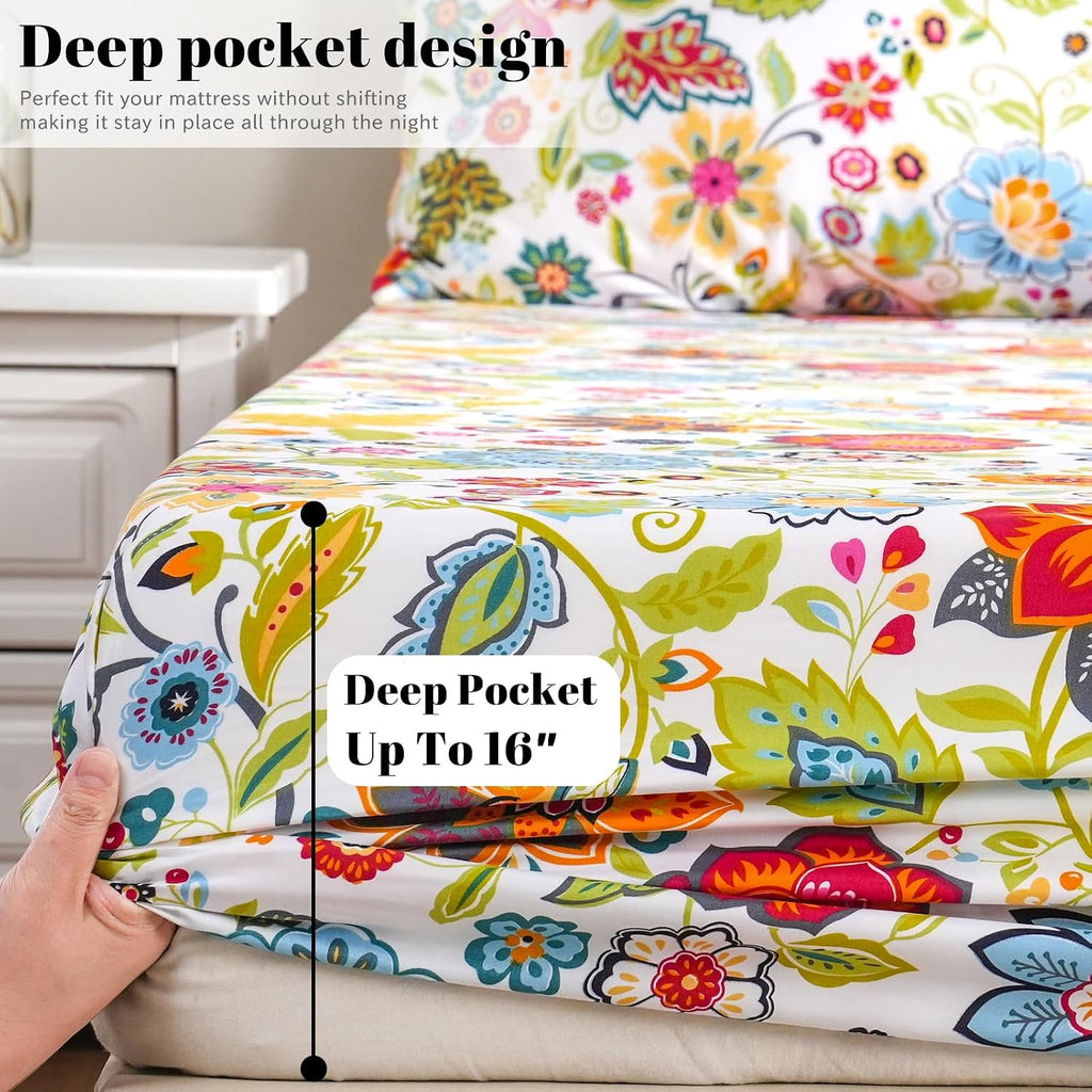 Queen Sheet Set Ultra Soft Breathable Silky Flower Bed Sheets Deep Pocket 100% Microfiber Bedding Sheets 4 Piece