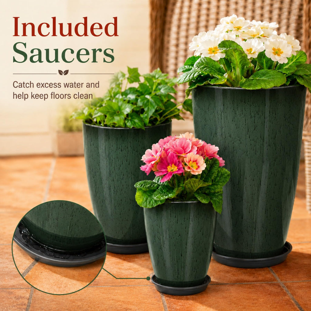 Set of 3 Tall Planter, 24/21/12in Large Plastic Planter, DarkGreen