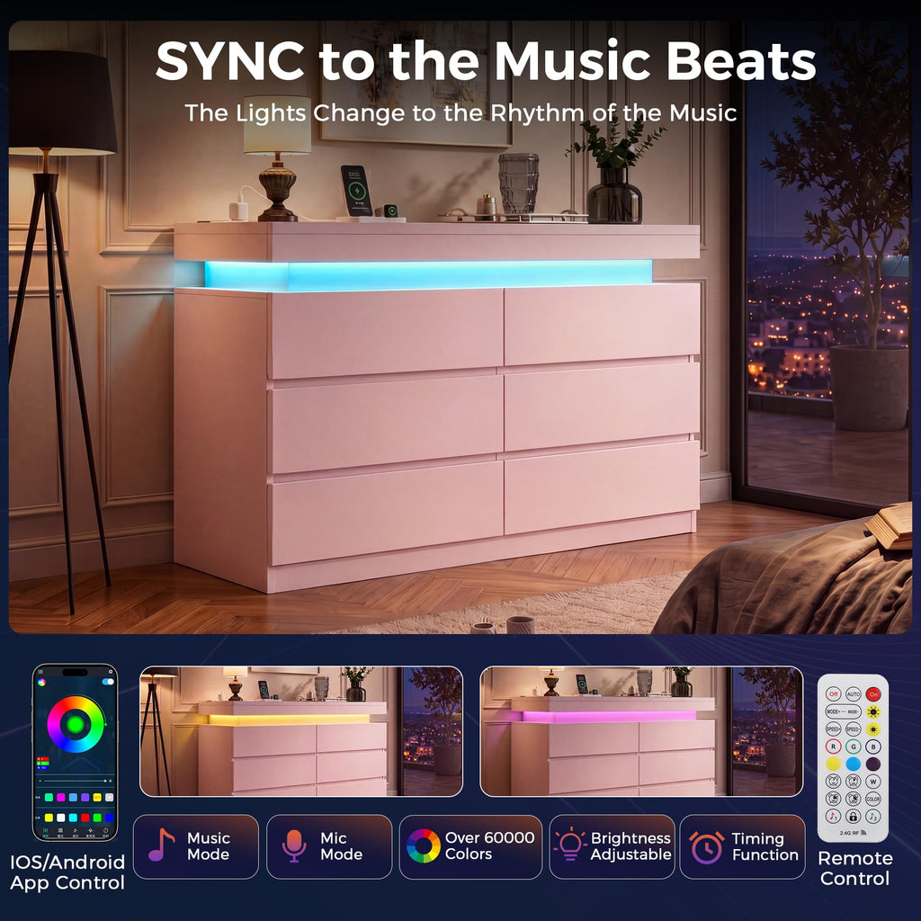 6 Drawer Dresser with LED Lights and Charging Station, Modern Pink Dresser