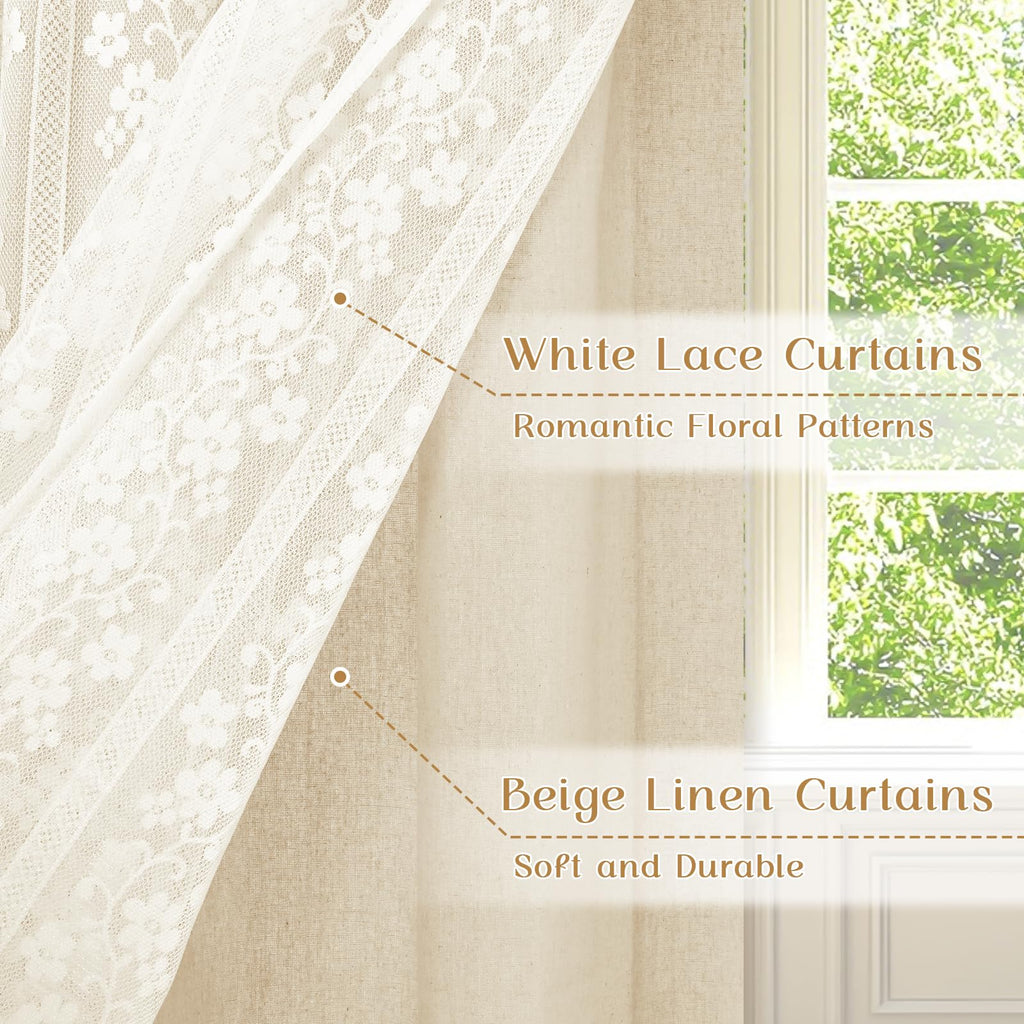 Linen Kitchen Curtains 36 Inch Length, Double Layered Window Curtain 2 Panel Sets Rod Pocket Short Curtains