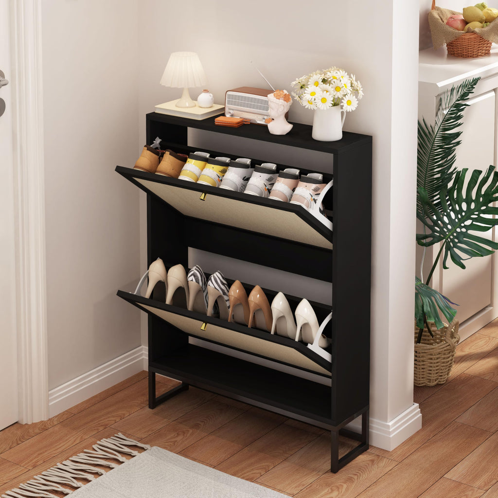 Black Narrow Shoe Cabinet, Hidden Slim Shoe Storage Cabinet, 25.6"x34.7" Flip Drawer Shoe Oraganizer Rack with Metal