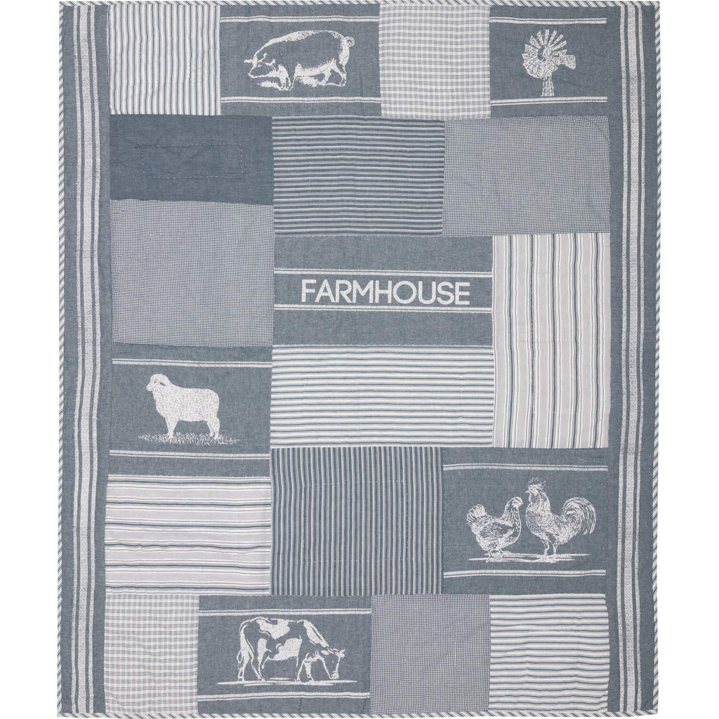 Sawyer Mill Blue Farm Animal Quilted Reversible Ticking Stripe Cotton Throw for Couch 60x50 Bedding Accessory