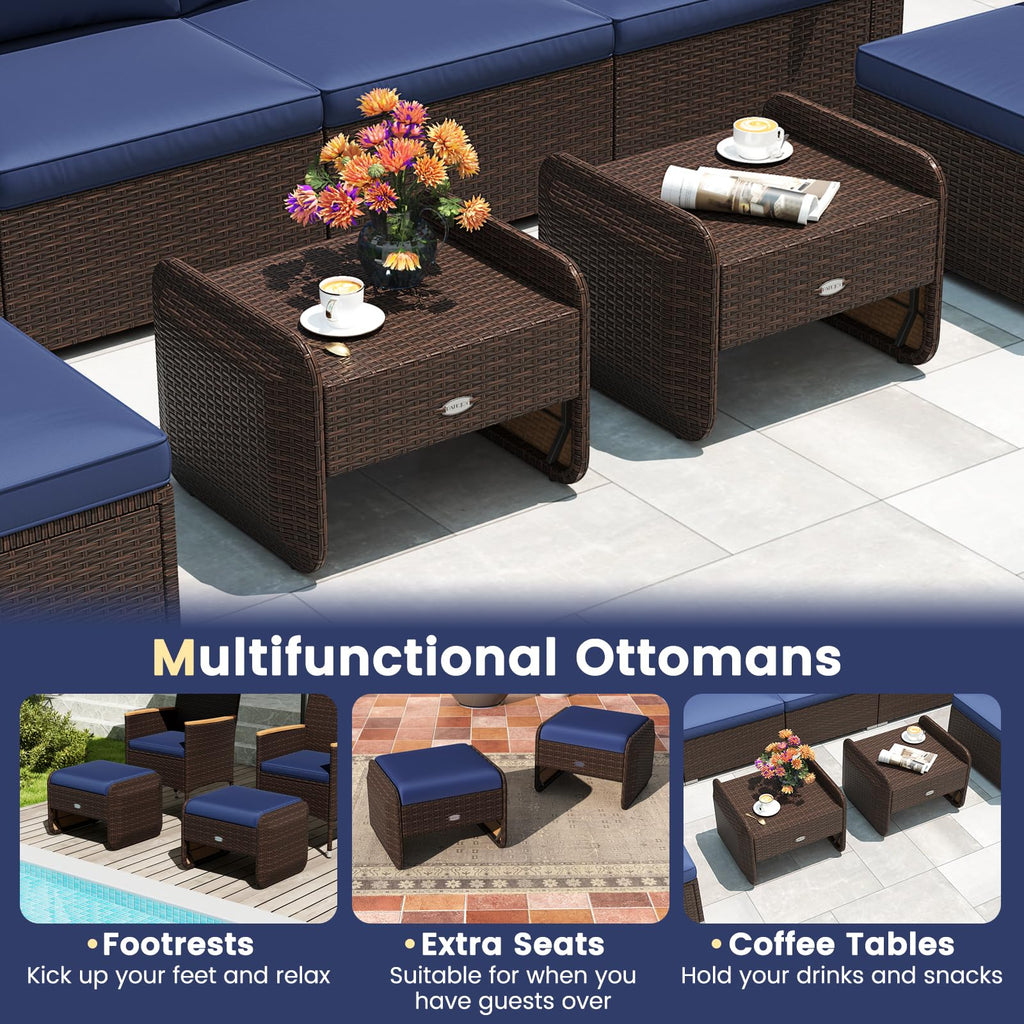 2 Pieces Patio PE Wicker Ottomans with Removable Cushions, Multipurpose Outdoor Furniture for Additional Seating