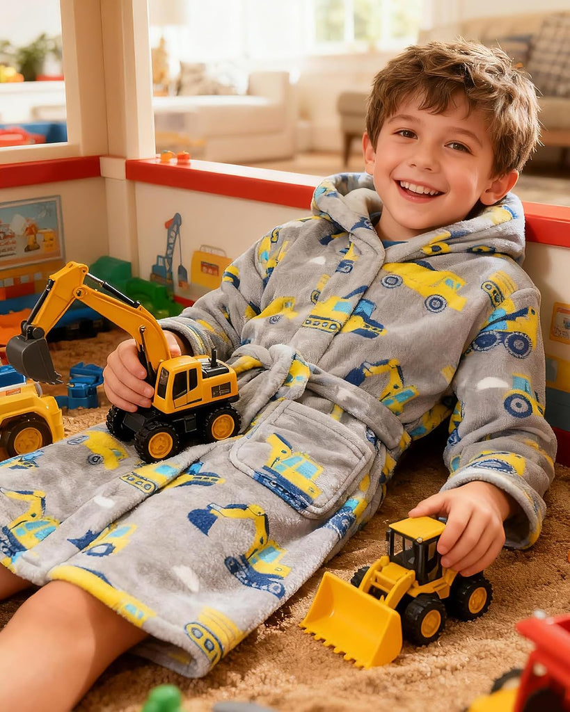 Boys Fleece Robe, Hooded Toddler Soft Fuzzy Bathrobe for Kids