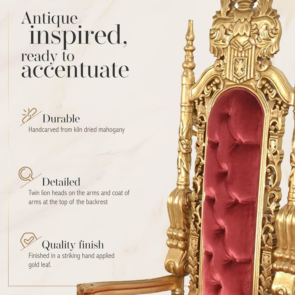 King Chair, Accent Chair, Upholstered Table Chair, Mahogany Hand-Carved Chair, Antique Gold with Dark red Fabric