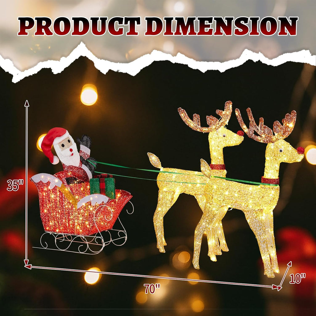 Christmas Lighted Reindeers with Santa Claus Sleigh Set 3FT, 270 LEDs 30V