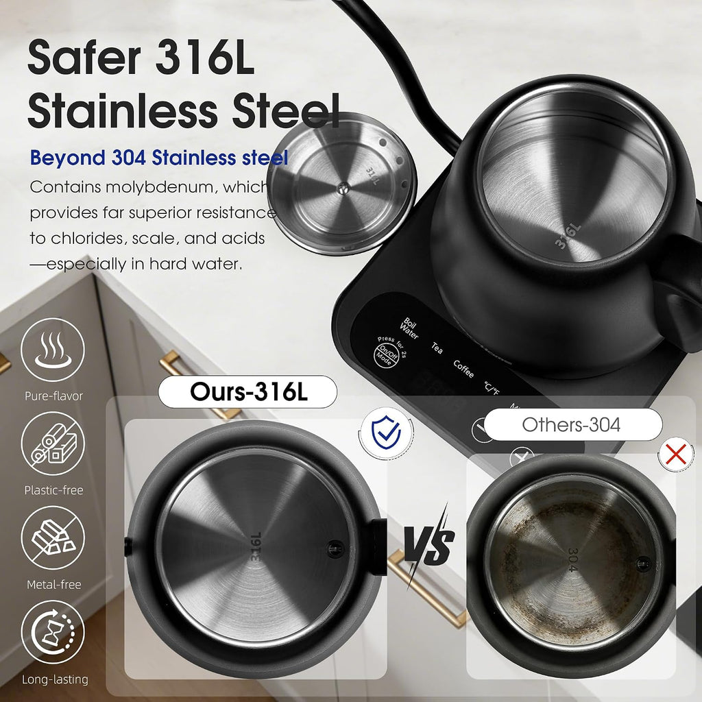 Gooseneck Electric Kettle Temperature Control: 316L Stainless Steel Inner | ±1°F Precision, Pour Over Kettle for