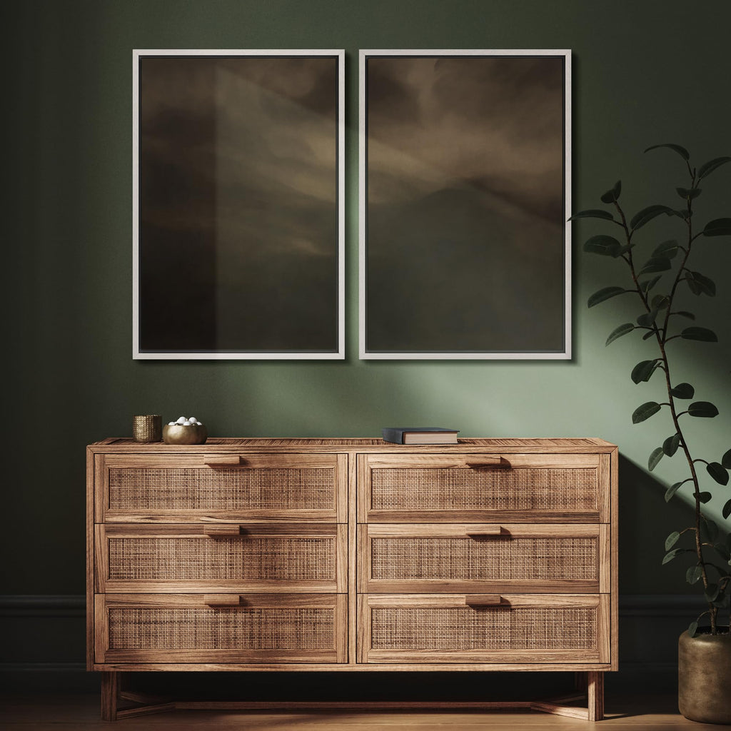 Framed Canvas Print Wall Art Set Moody Misty Landscape Soft Brown and Gray Hues Illustration Modern Art Decorative