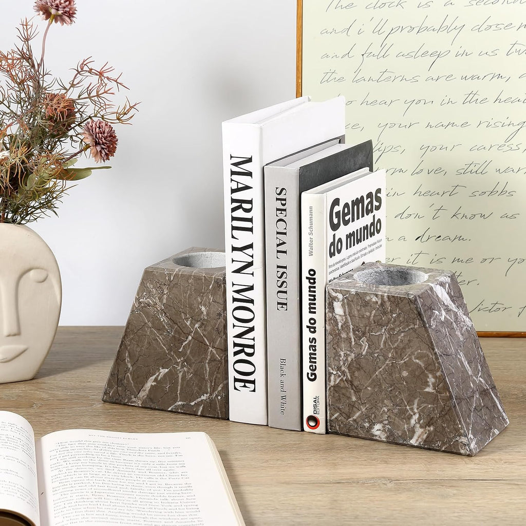 Marble Bookends Decorative, Natural Stone Book Stopper for Shelves, Unique Vase Book Ends Decoration (Gris Lido)