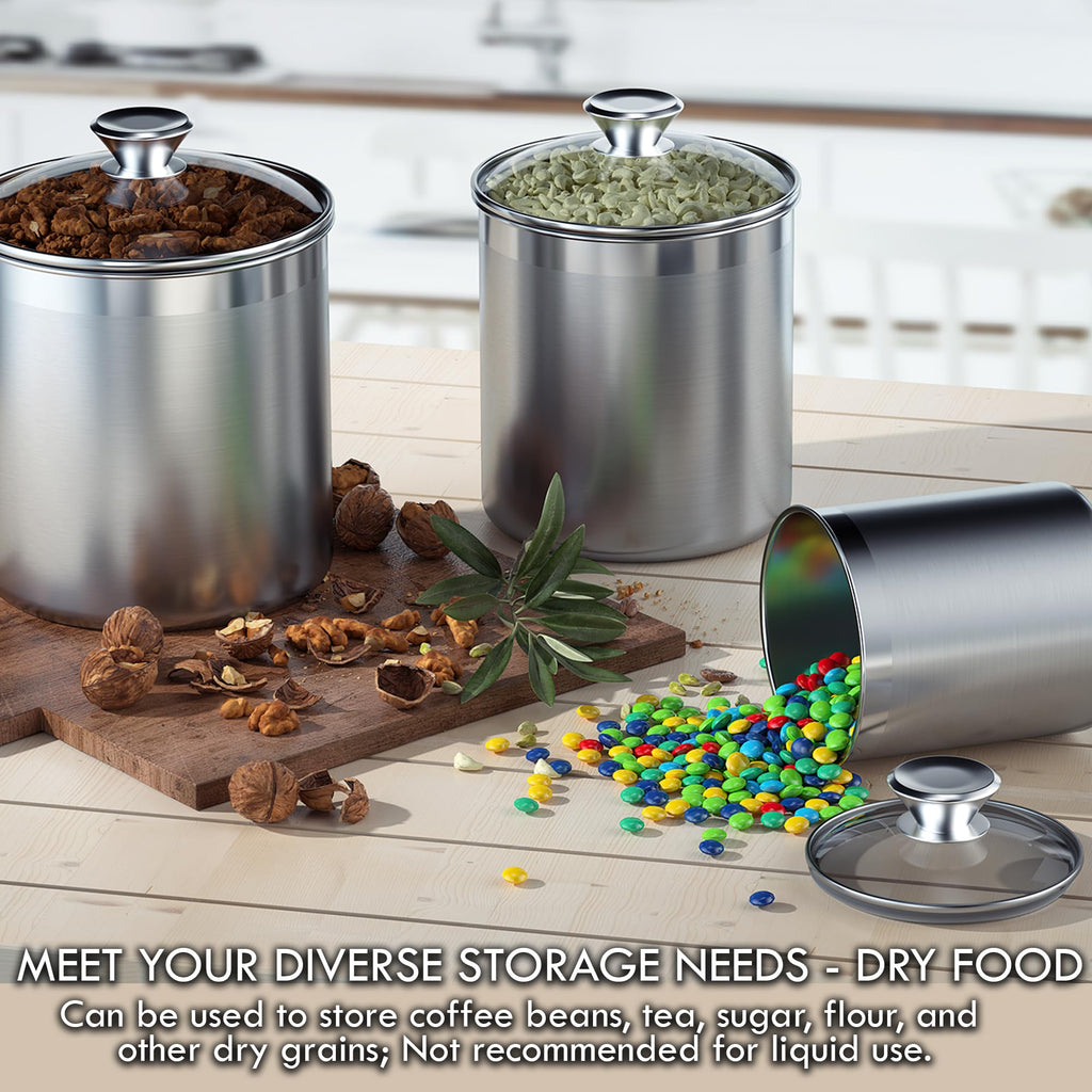 Classic Stainless Steel Food Jar Storage Canister Set Medium, Airtight Containers with Glass Lid for Tea Coffee Sugar