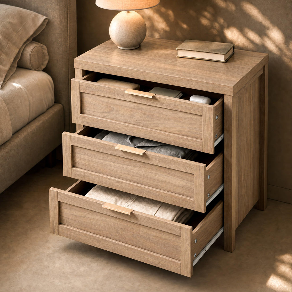Nightstands Set of 2, 3 Drawer Bedside Table, Weathered Oak