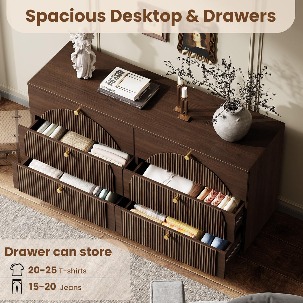 Arched Fluted Dresser with 6 Drawers 55" Wide Walnut