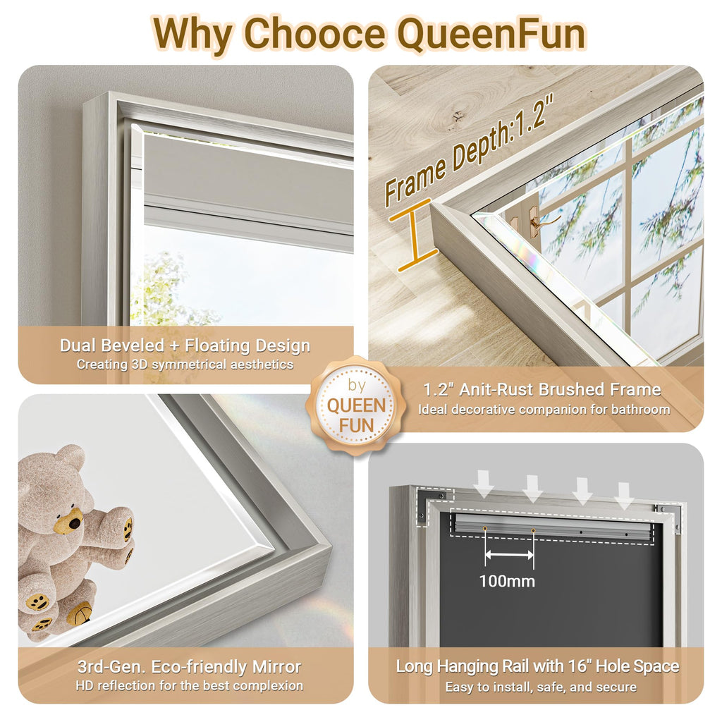48'' x 36'' Brushed Nickel Framed Beveled Bathroom Mirror, Shatterproof Rectangle Brushed Nickel Frame Mirror