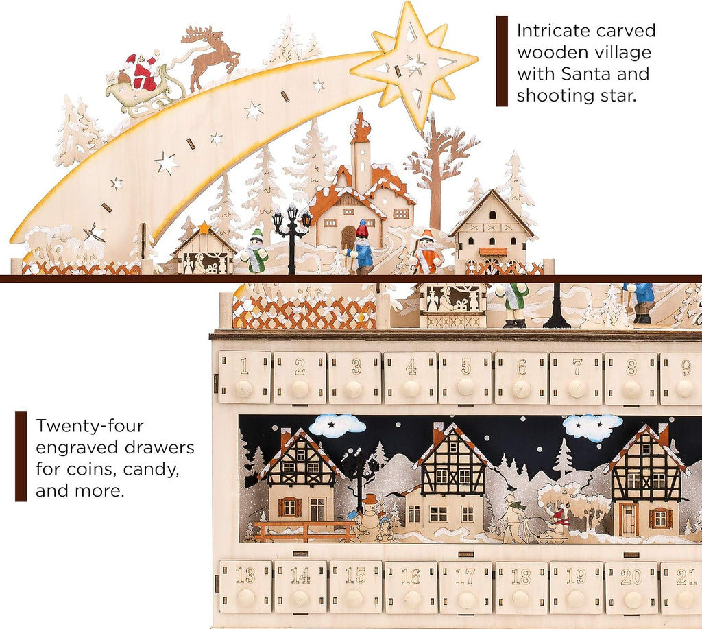 Wooden Christmas Advent Calendar, Shooting Star Holiday Decoration w/Battery-Operated LED Light Background