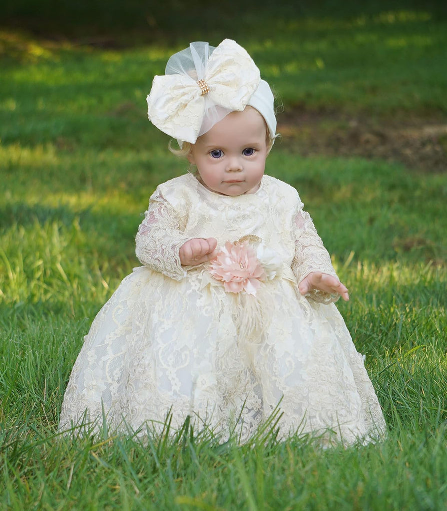 Newborn Baby Girl Lace Dress Set, 4 Pieces Outfit for Special Occasions (US, Age, 0 Months, Gold, Ivory (with Gift