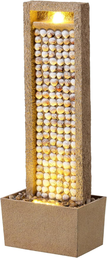 Coastal Seashells Design Outdoor Water Fountain - Warm Glow Lighting with Steady Flow & Electric Pump, Brown