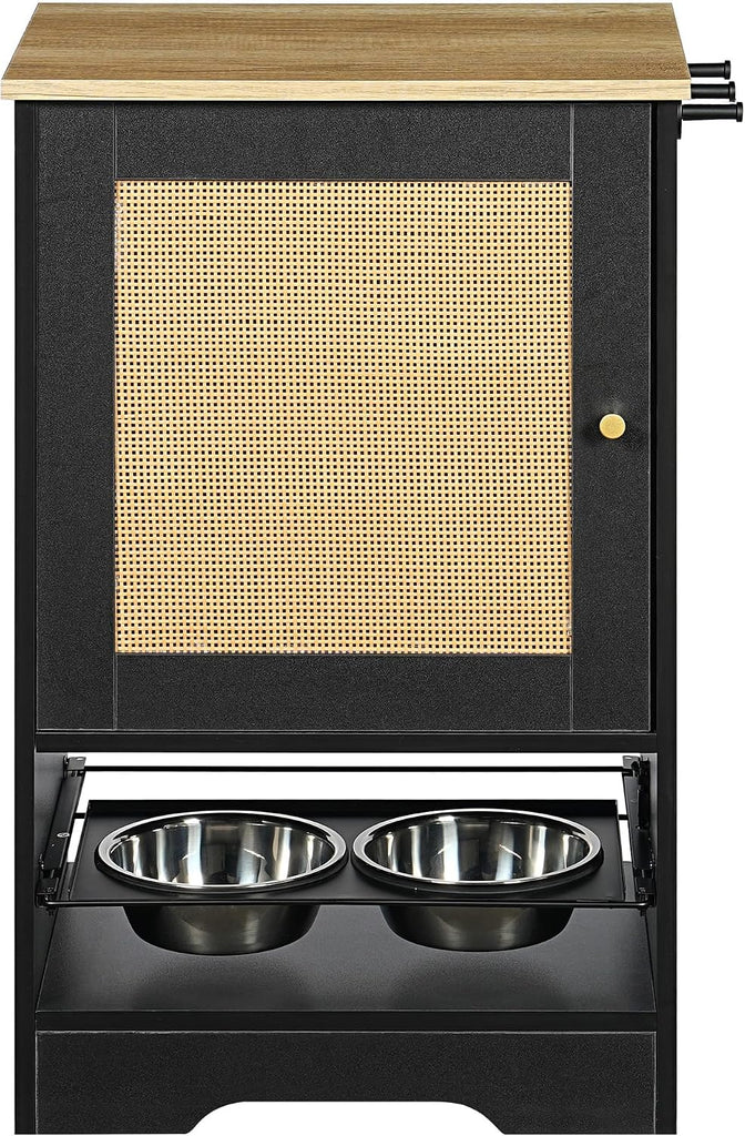 Dog Feeding Station with Storage, Hidden Pull-Out Feeder with 2 Stainless Steel Bowls, Adjustable Shelf & 3 Side