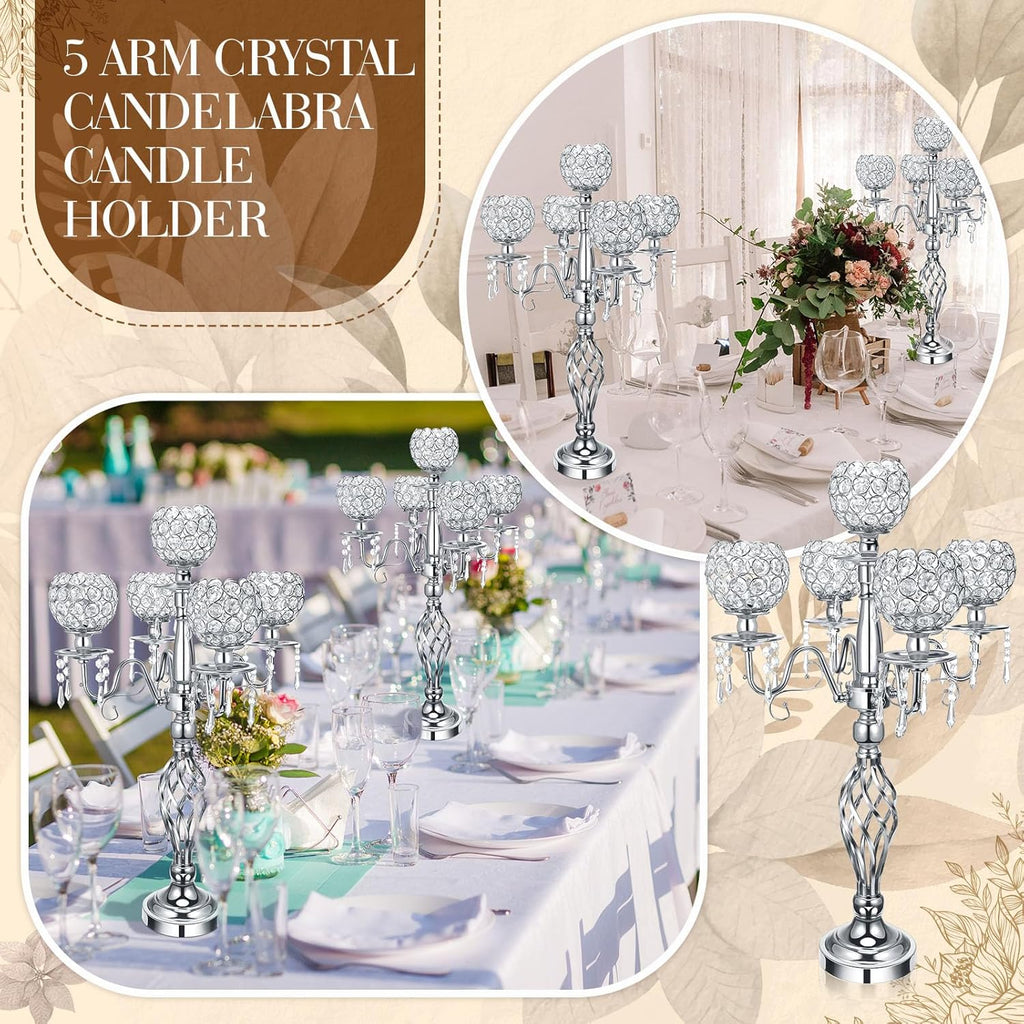 8 Pcs 5 Arm Crystal Candelabra Centerpieces for Table 27 Inch Retro Victorian Crystal Candle Holders Bowl Table
