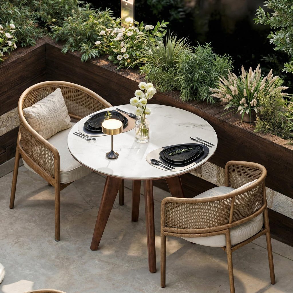 31.5" Round Dining Table, Modern Sintered Stone Kitchen Table with Solid Wood Legs, Small Space, Glossy White & Brown