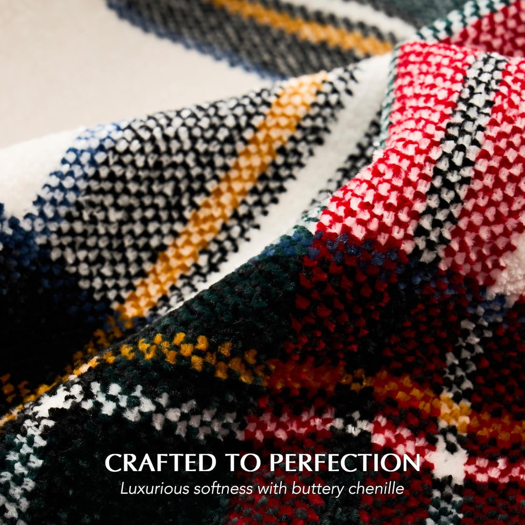 Chenille Christmas Throw Blanket, 60"x80", White Stewart Plaid