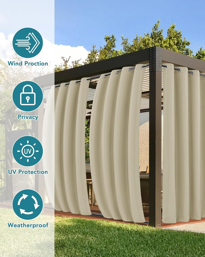 Windproof Outdoor Curtains Waterproof 4 Pcs 54x84 In Cream | Grommet Top and Tab Bottom Outside Drapes,Weatherproof