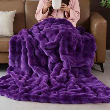 Purple Faux Fur Throw Blanket for Couch, Double-Sided Bubble Textured Plush Blanket with Soft Flannel Back