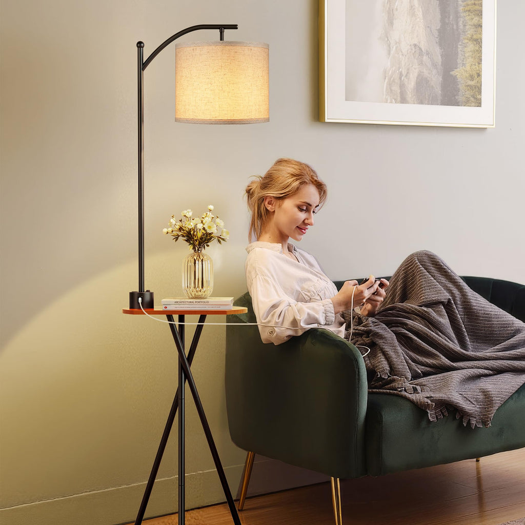 Floor Lamp with Table, End Table Lamp with Remote Control and Charging Station(USB A & Type-C & AC Port), 4 Color