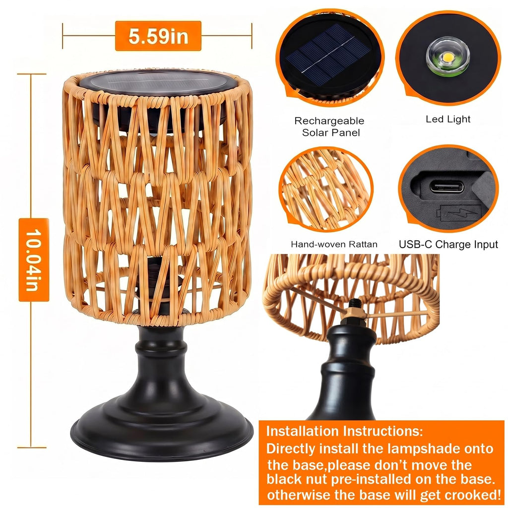 Outdoor Solar Table Lamp, Waterproof Rattan Solar Lantern