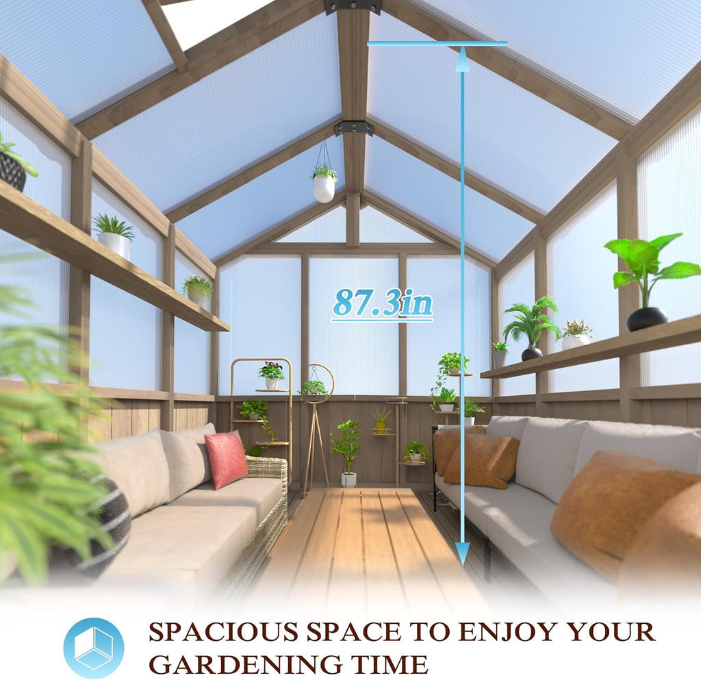 8x16 FT Greenhouse for Outdoor, 6MM Thick Polycarbonate Panel Wooden Walk-in Green House with Adjustable Roof Vents