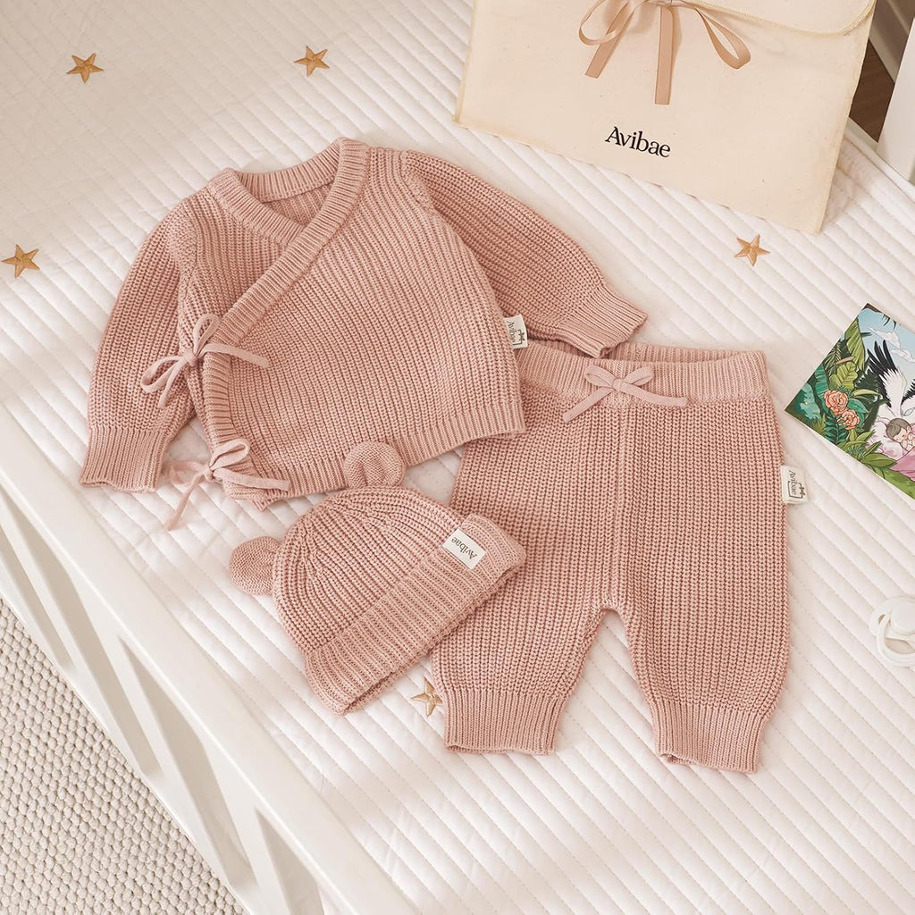 Baby Cotton Knit Set with Hat, Sweater and Pants, Coming Home Outfit