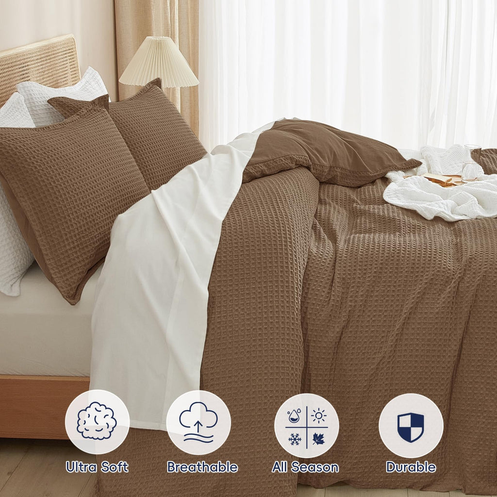 Waffle Duvet Cover Set King, Ultra Soft & Breathable, 104"x90", Mocha