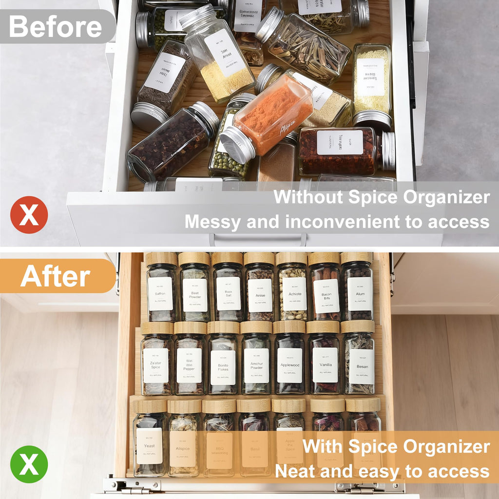 Spice Drawer Organizer with 20 Bamboo-lidded Spice Jars,216 Labels,25 Non-slip Rubber, Bamboo 4 Tier Seasoning Rack