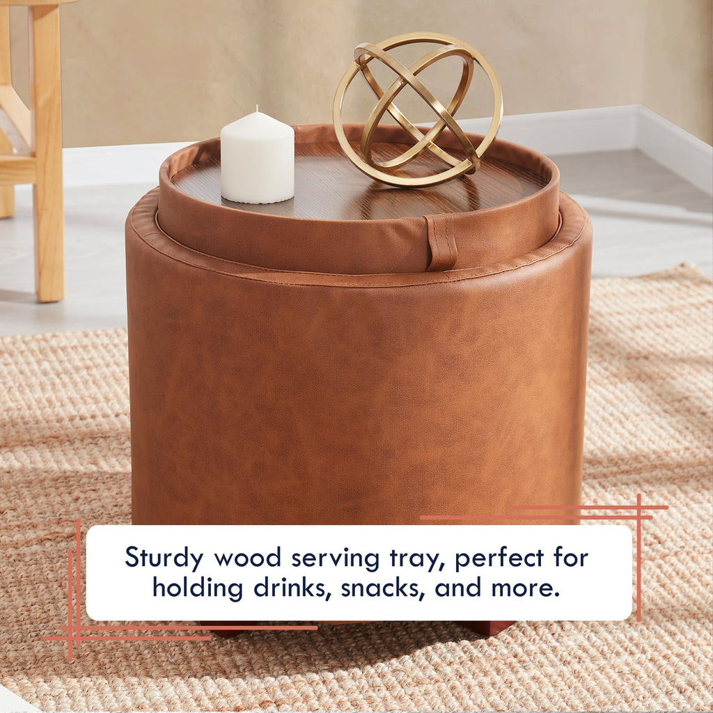 17" Round Storage Ottoman with Tray Top, Faux Leather, Cognac