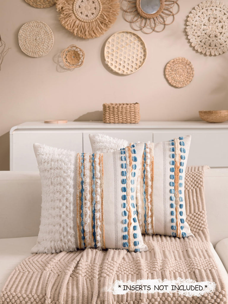Boho Chenille Tufted Couch Throw Pillow Covers 18x18 Inch Set of 2 Farmhouse Striped Decorative Pillow Covers Accent