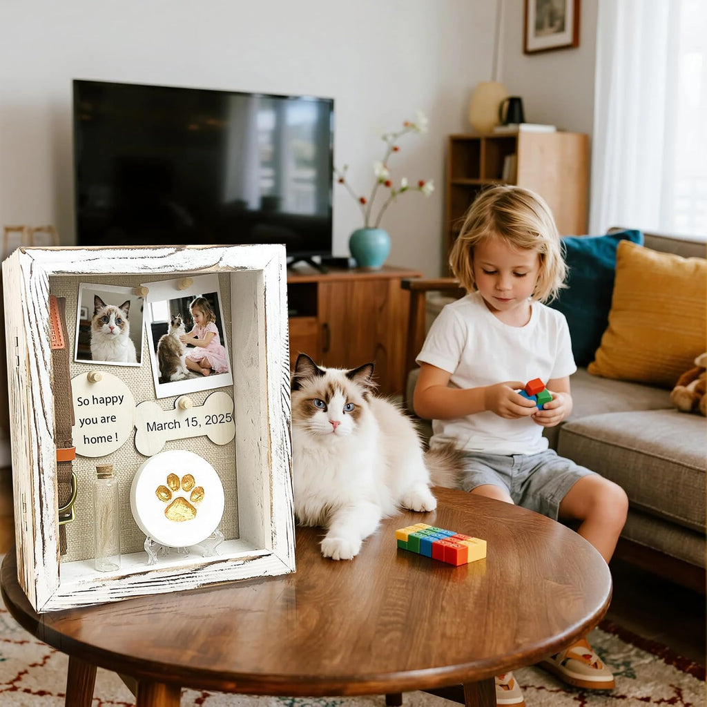 8x10 Pet Memorial Shadow Box Frame Paw Print Kit Solid Wood Pet Frame Retro White Dog Memorial Gifts for Loss of Dog