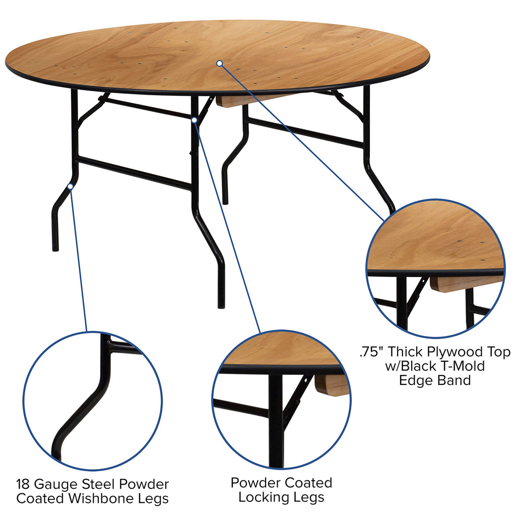 5 ft Wood Folding Clear Coat Round Banquet Table, Clear
