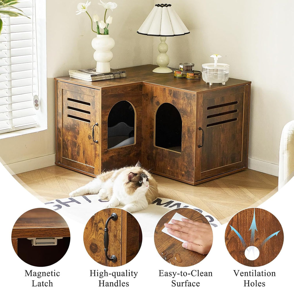31.5in Corner Cat Litter Box Enclosure with Double Room, Brown
