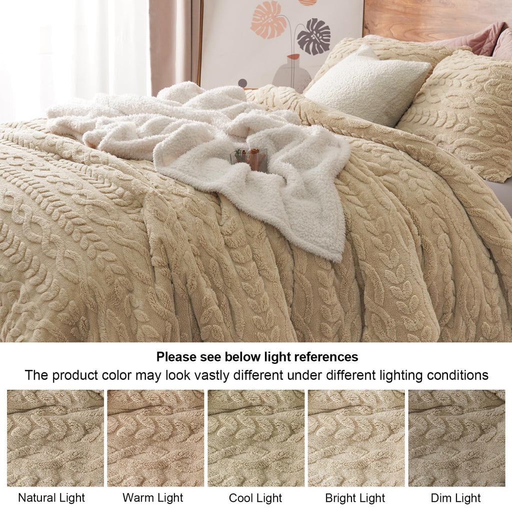 Fluffy Sherpa Fleece Comforter Set, 3 Pieces Warm Fuzzy Soft Bedding for Winter, 3D Tufted Flannel Plush Shaggy