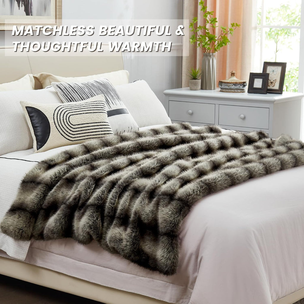 Premium Luxury Fuzzy Animal Skin Faux Fur Throw Blanket 50" x 60", High-end Reversible Cozy Thick Wolf Fluffy Fox