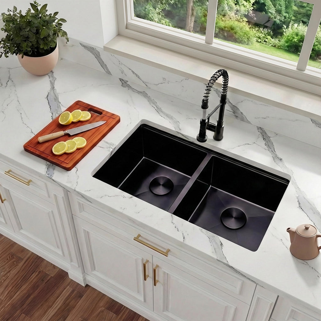 30 Inch 16 Gauge Undermount 50/50 Double Bowl Black Kitchen Sink