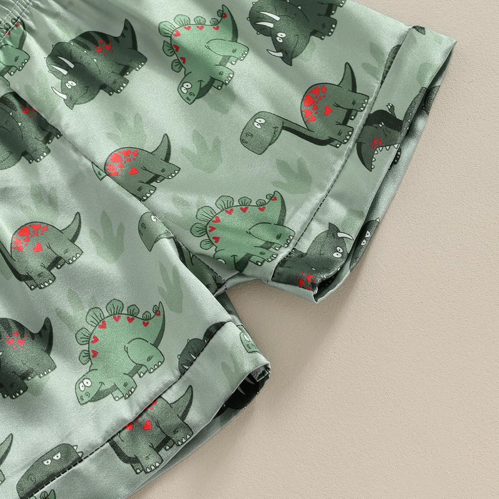 Kids Summer Satin Pajamas Sets Toddler Boys Dinosaur Pjs Short Sleeve Silk Nightwear Two Piece Sleepwear Loungewear