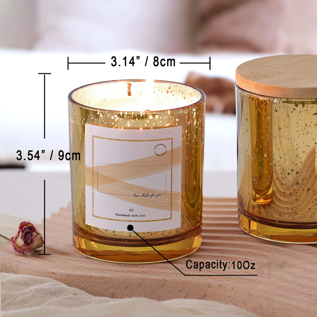 12 Pack Gold Mercury Glass Candle Jars (10oz) with Lids - Candle Makes Accessory Set Including 15 Labels