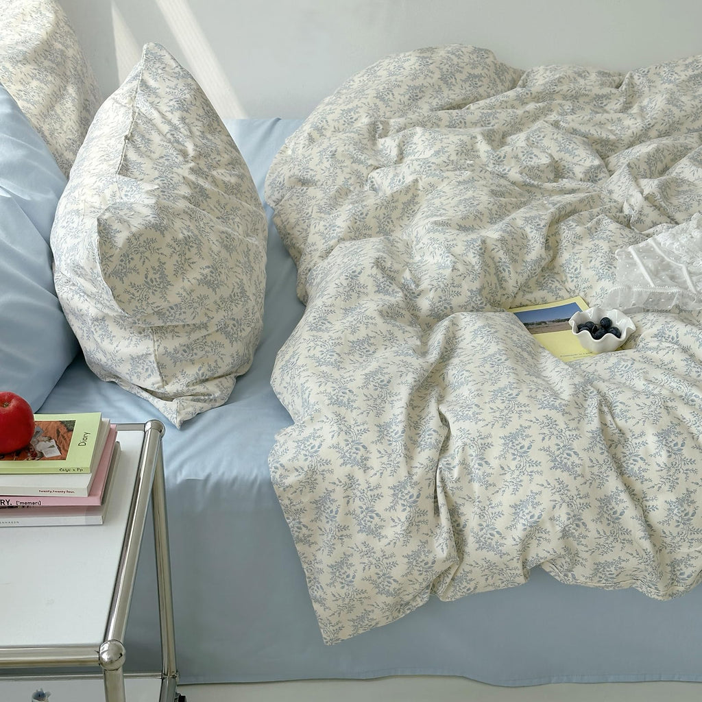 Blue Floral Duvet Cover Twin Size - 100% Cotton Soft Boho Comforter Cover with Zipper Closure 4 Ties, 3-Piece Vintage