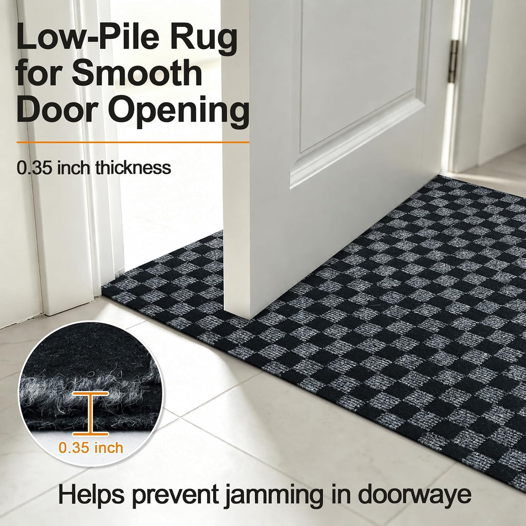 2x8 FT Non-Slip Kitchen Rugs with Rubber Backing, Black Check