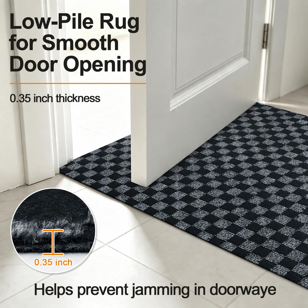 4x16 FT Non-Slip Kitchen Rugs with Rubber Backing, Black Check