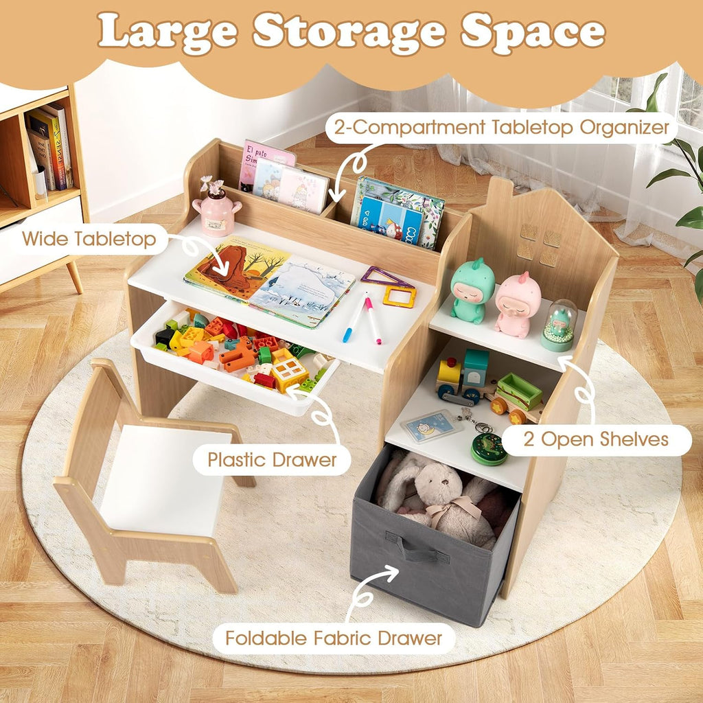 Kids Desk and Chair Set, Wooden Children School Study Table and Chair w/2 Drawers, Hutch, Storage Shelves, Student