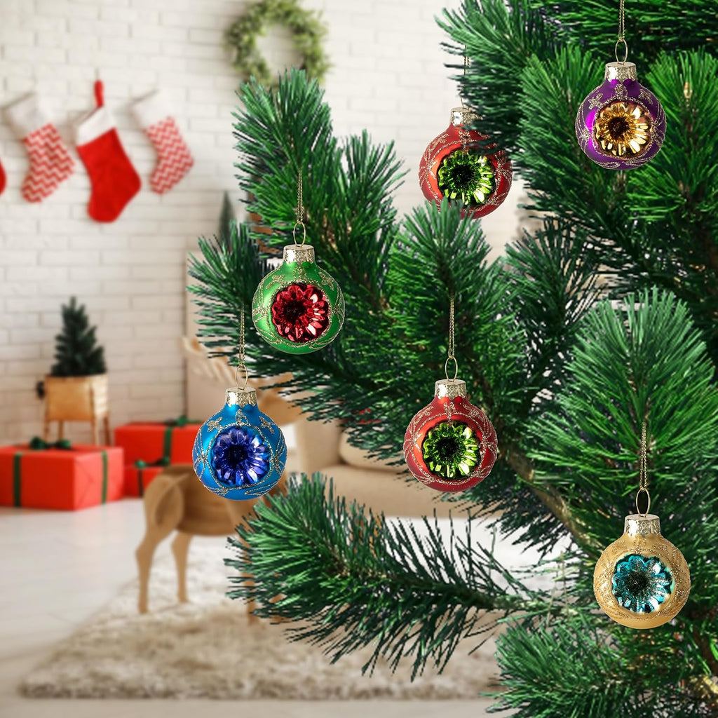 Christmas Glass Reflector Ball Ornament, 1.6'' Hanging Decoration - Set of 9