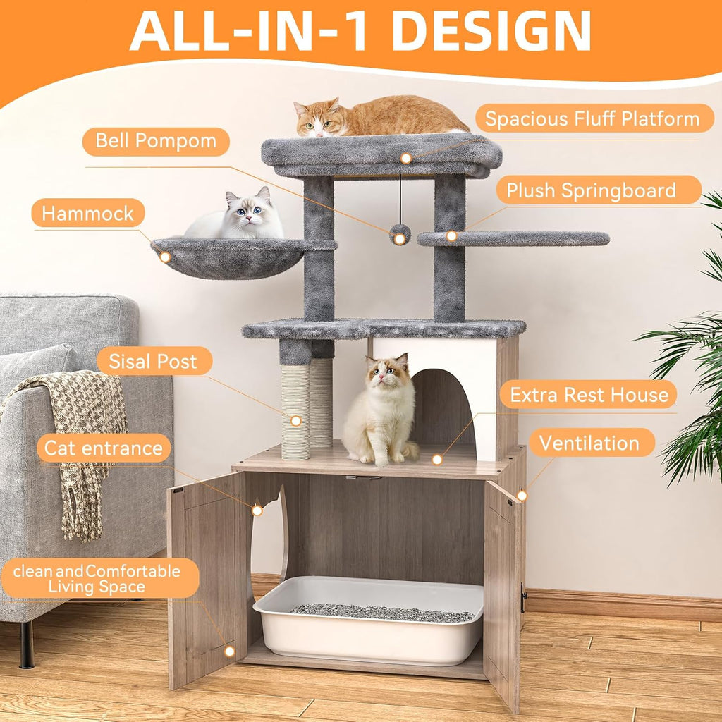 Litter Box Enclosure with Cat Tree, Cat Tree with Litter Box Enclosure, Hidden Pet Washroom Furniture with Sisal