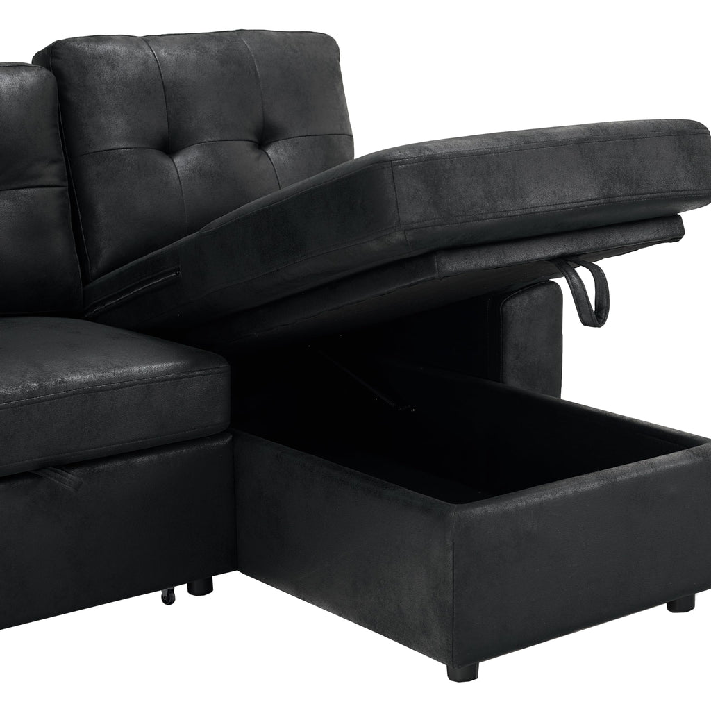 88.5" Convertible Sofa Bed with Storage Chaise, L-Shaped Sectional Sleeper Sofa with Reversible Chaise, Faux Leather